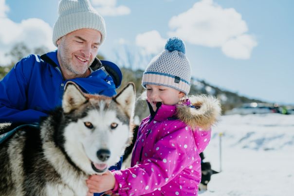 Picture of man and girl petting a husky dog
