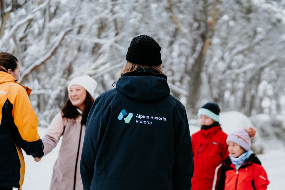 Alpine resort staff with guests