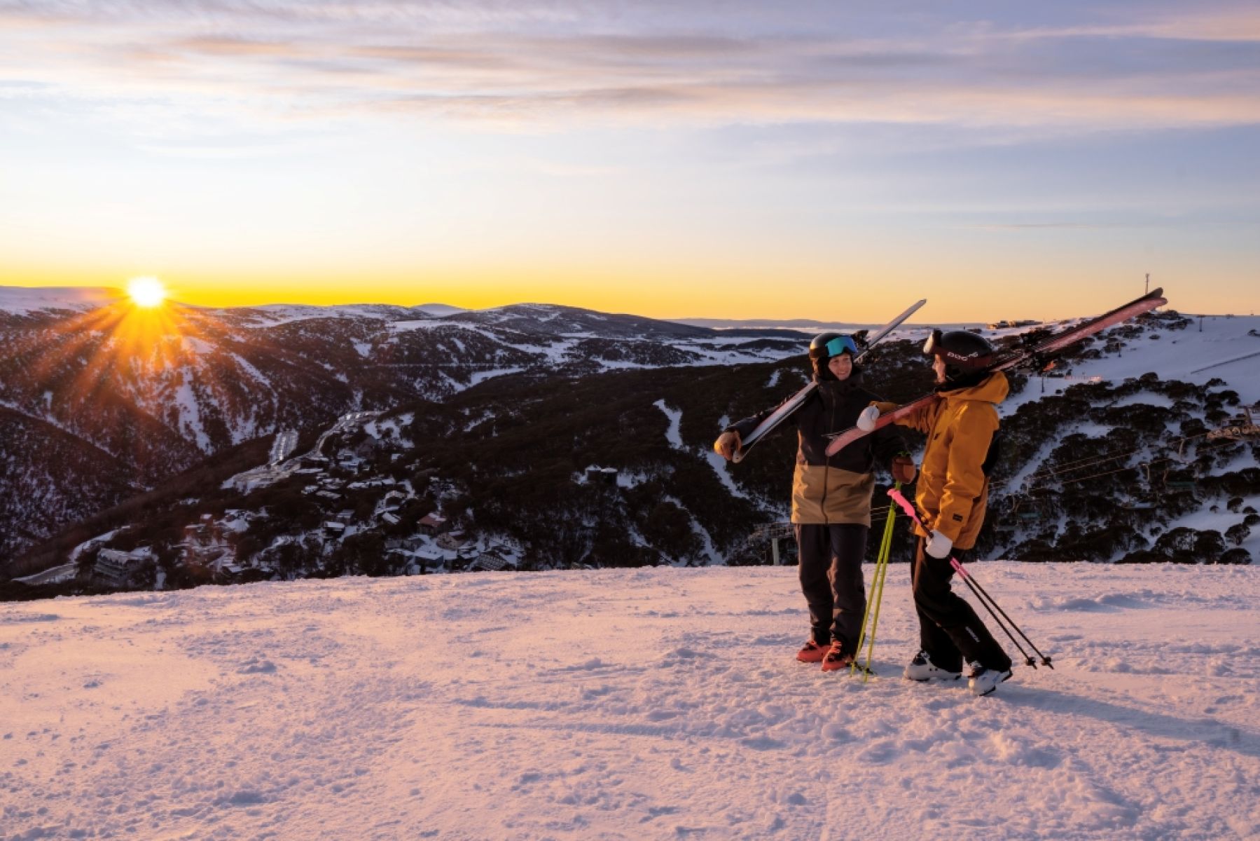 Falls Creek sunset skiers