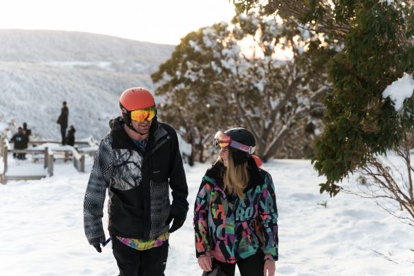 Two skiers walking walking on the snow at Mount Baw Baw
